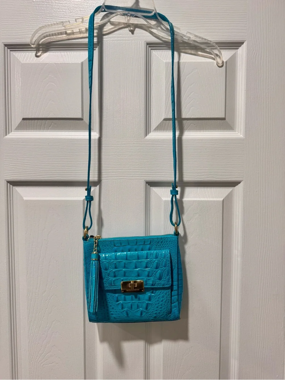 Brahmin Teal Croc-Embossed Leather Crossbody with Tassel with dust bag